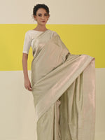 Light Grey Plain Satin Silk Handloom Banarasi Saree