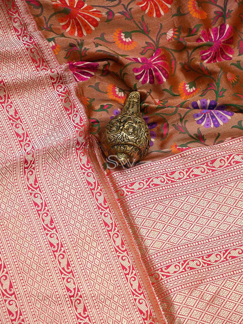 Copper Meenakari Katan Silk Handloom Banarasi Saree - Sacred Weaves