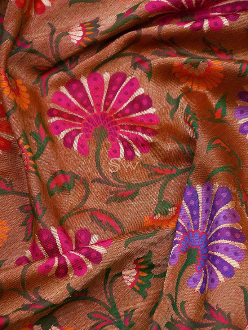 Copper Meenakari Katan Silk Handloom Banarasi Saree - Sacred Weaves