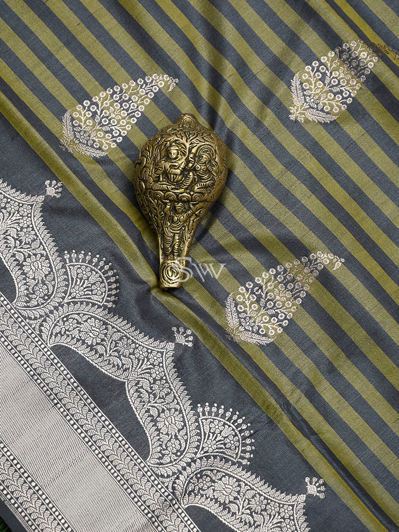 Olive Green Katan Silk Handloom Banarasi Saree - Sacred Weaves