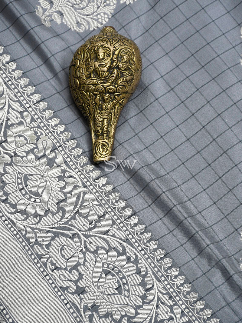 Grey Katan Silk Handloom Banarasi Saree - Sacred Weaves