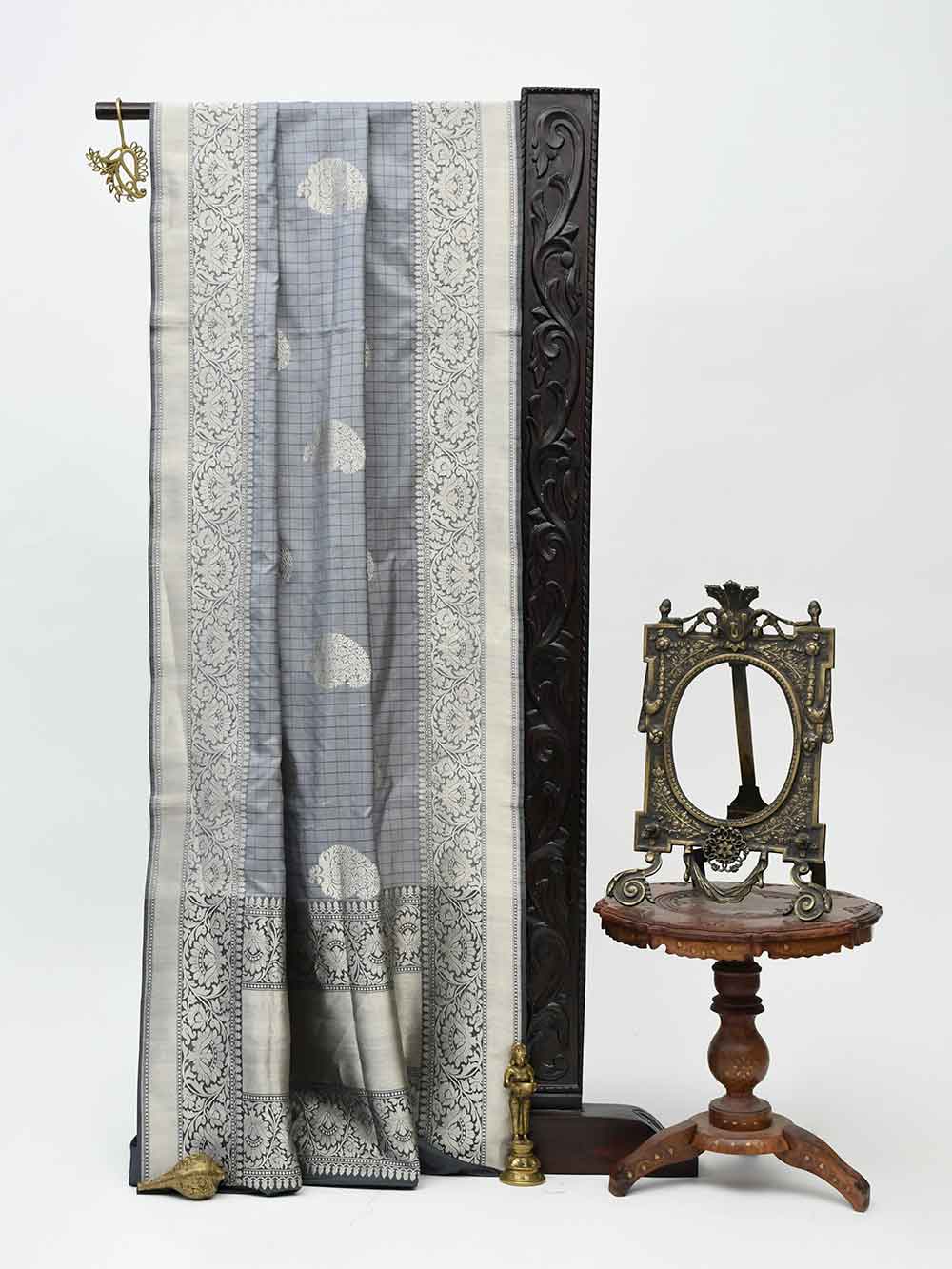 Grey Katan Silk Handloom Banarasi Saree - Sacred Weaves