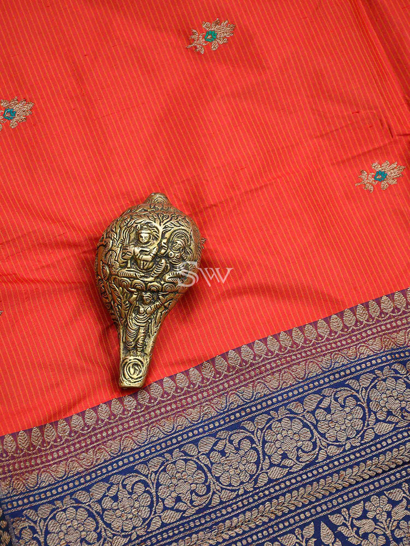 Red Stripe Katan Silk Handloom Banarasi Saree - Sacred Weaves