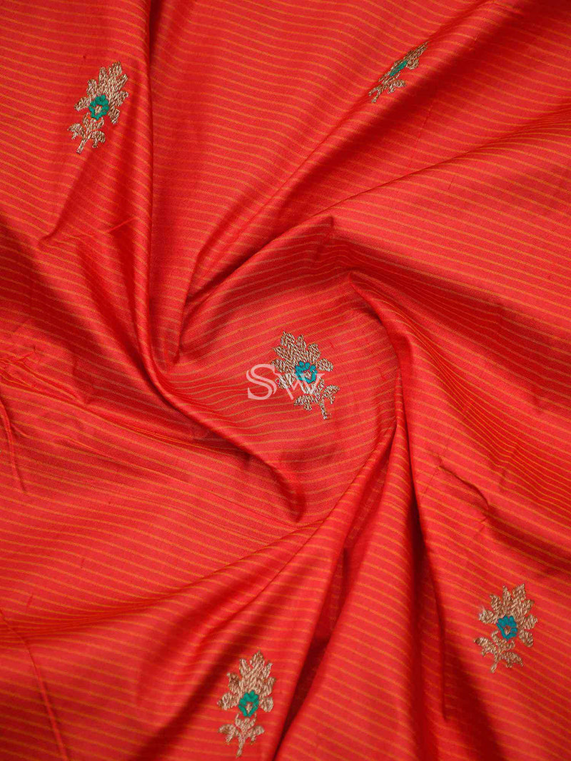 Red Stripe Katan Silk Handloom Banarasi Saree - Sacred Weaves