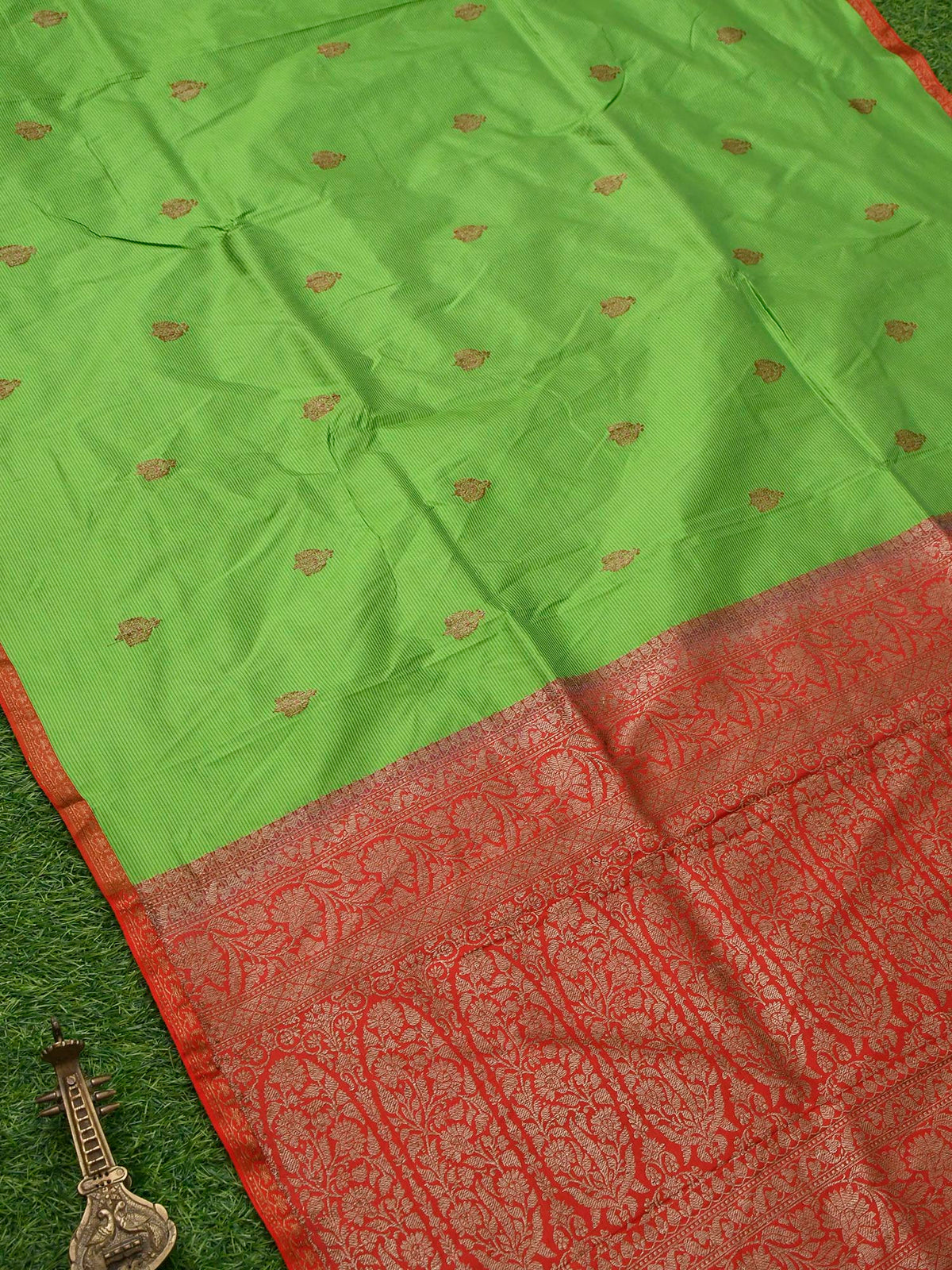 Green Stripe Katan Silk Handloom Banarasi Saree - Sacred Weaves