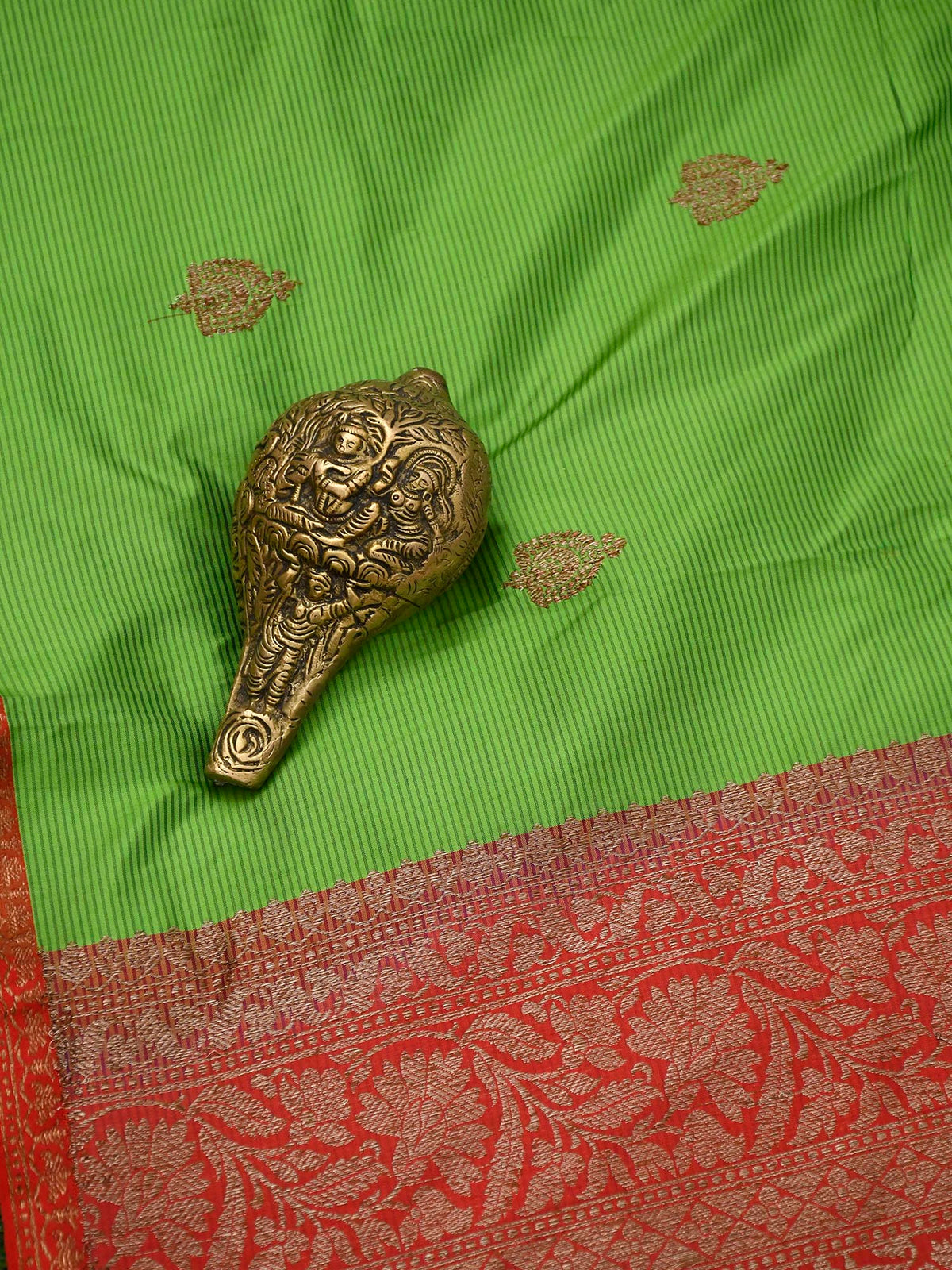 Green Stripe Katan Silk Handloom Banarasi Saree - Sacred Weaves