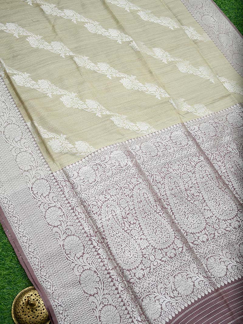 Pastel Beige Dupion Silk Leheriya Handloom Banarasi Saree - Sacred Weaves