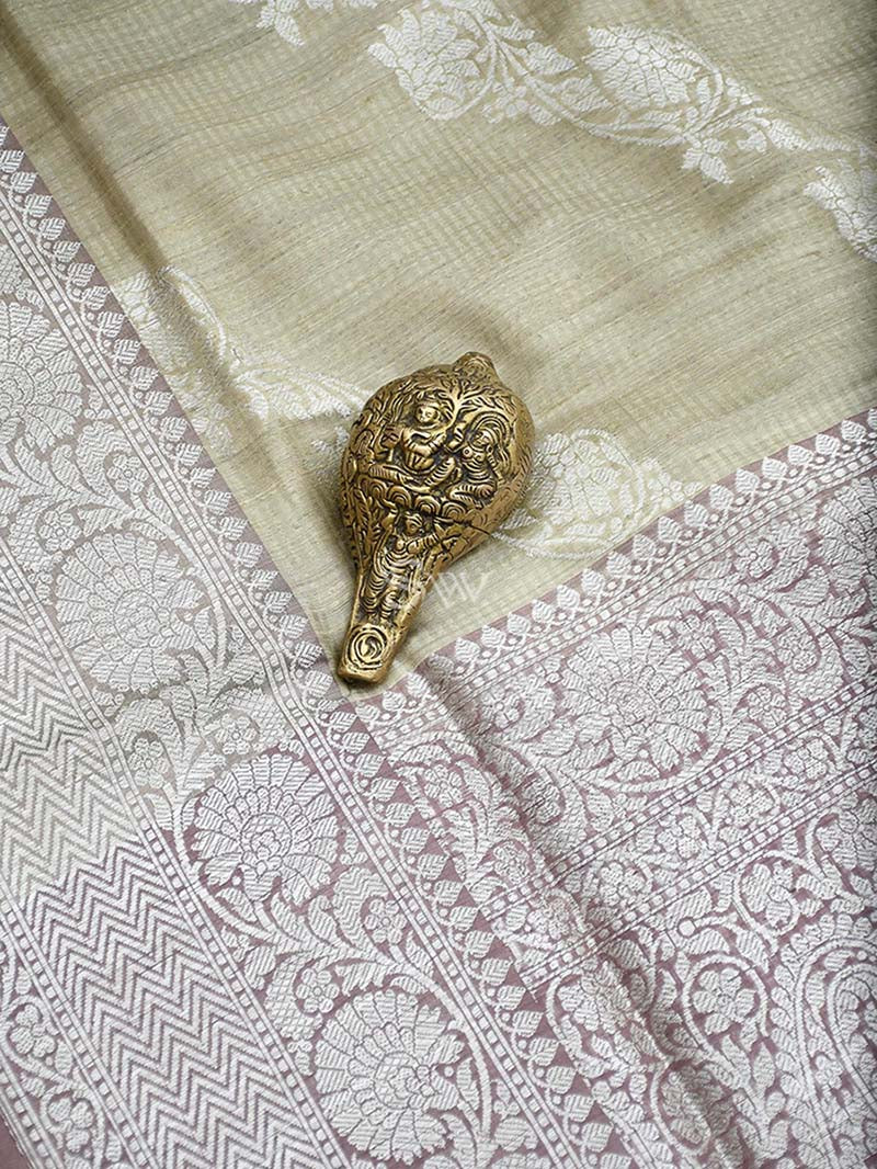 Pastel Beige Dupion Silk Leheriya Handloom Banarasi Saree - Sacred Weaves