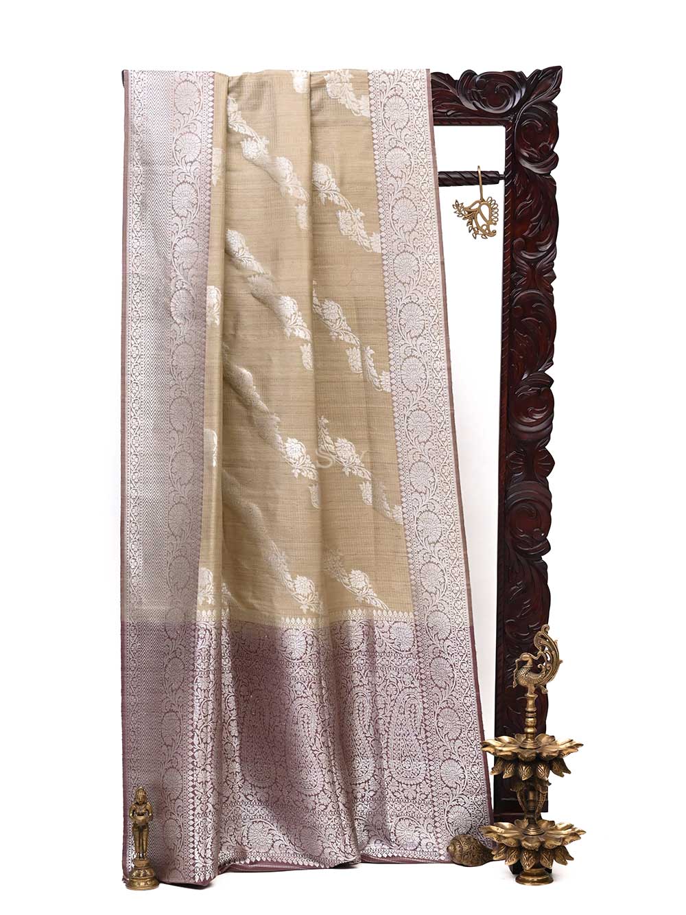 Pastel Beige Dupion Silk Leheriya Handloom Banarasi Saree - Sacred Weaves