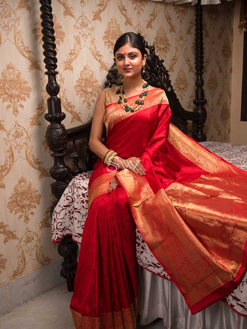Red Tanchoi Silk Handloom Banarasi Saree - Sacred Weaves