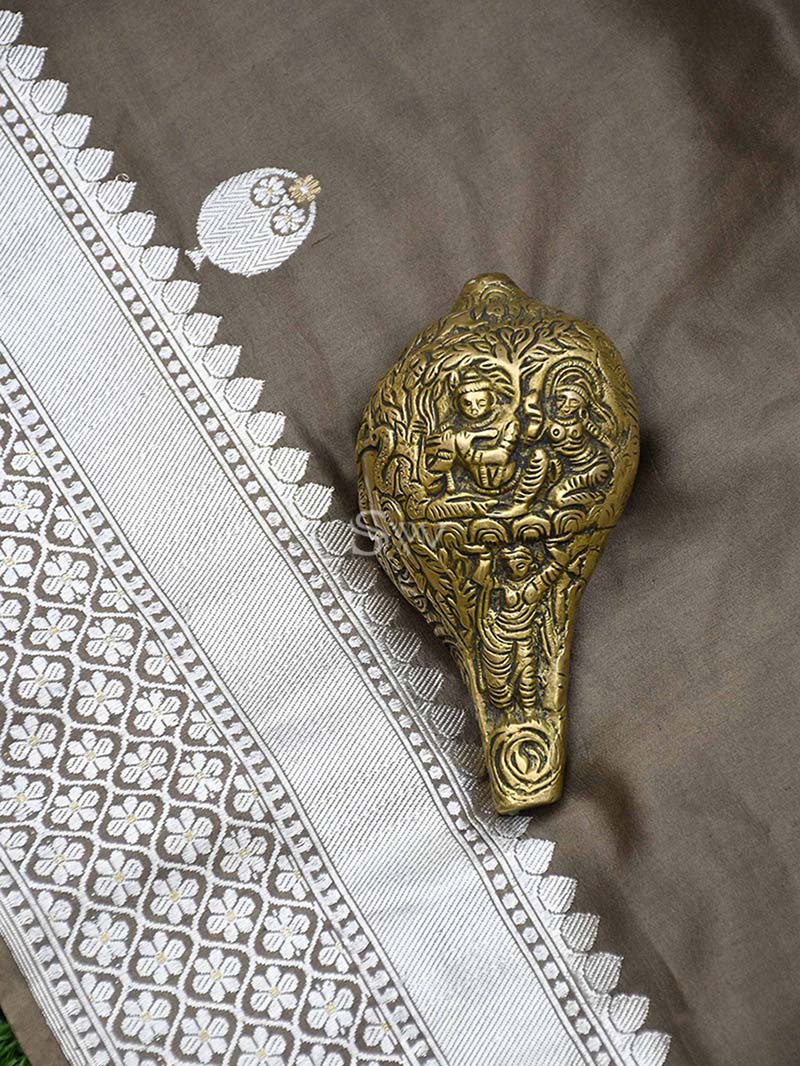 Grey Katan Silk Handloom Banarasi Saree - Sacred Weaves