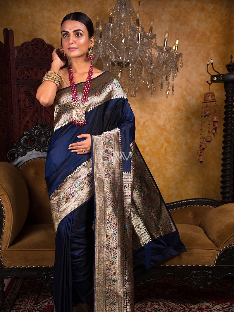 Blue Meenakari Katan Silk Handloom Banarasi Saree - Sacred Weaves