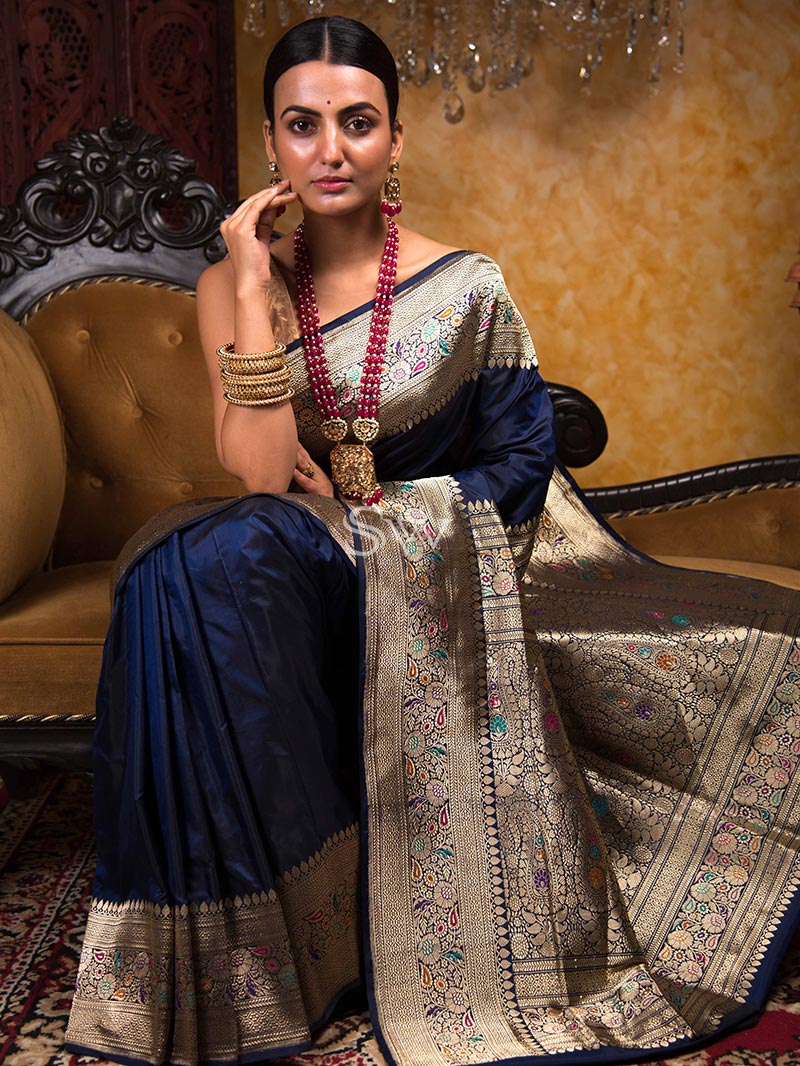 Blue Meenakari Katan Silk Handloom Banarasi Saree - Sacred Weaves