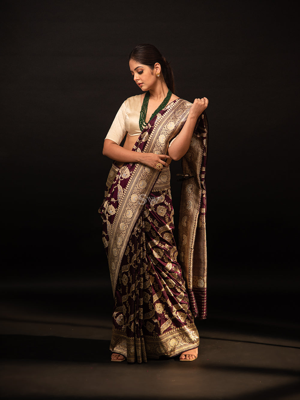 Wine Jaal Katan Silk Handloom Banarasi Saree - Sacred Weaves