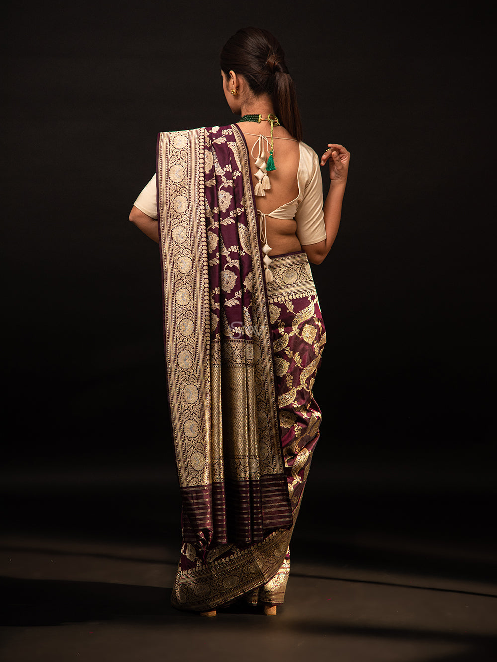Wine Jaal Katan Silk Handloom Banarasi Saree - Sacred Weaves