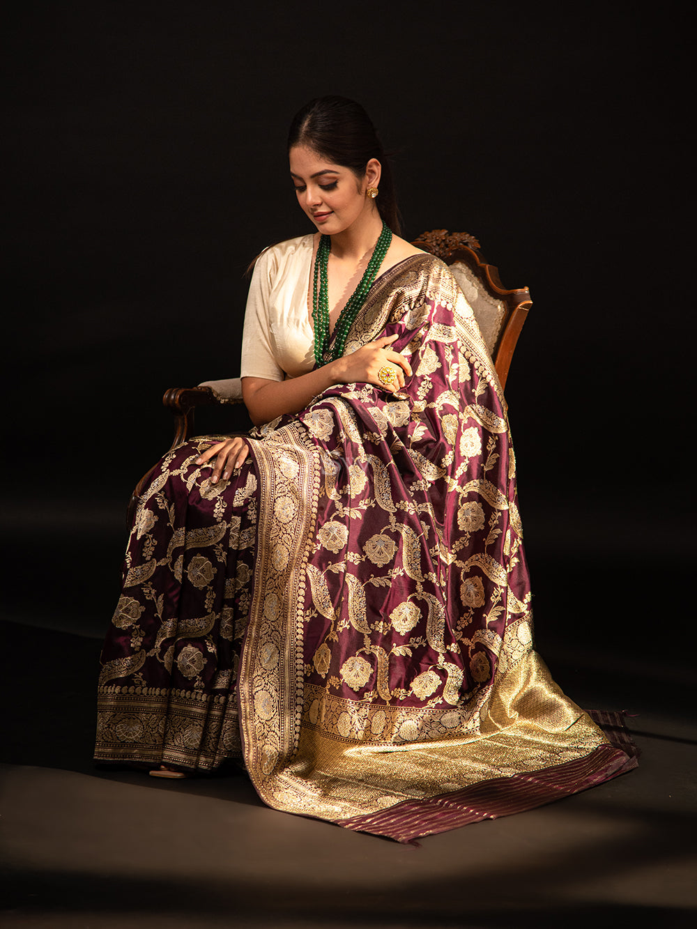 Wine Jaal Katan Silk Handloom Banarasi Saree - Sacred Weaves