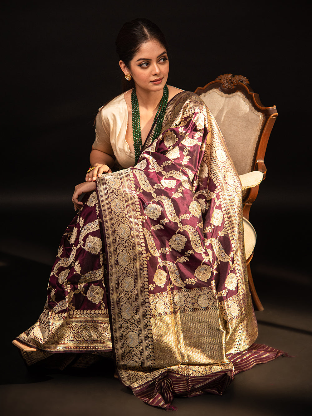 Wine Jaal Katan Silk Handloom Banarasi Saree - Sacred Weaves