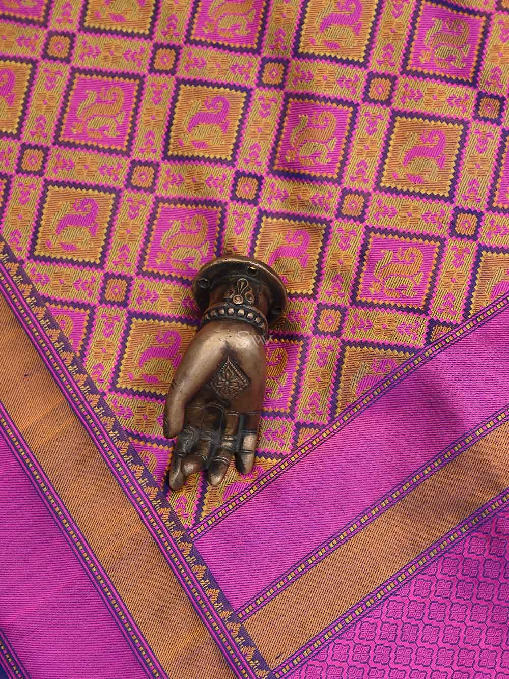 Mustard Magenta Tanchoi Silk Handloom Banarasi Saree - Sacred Weaves