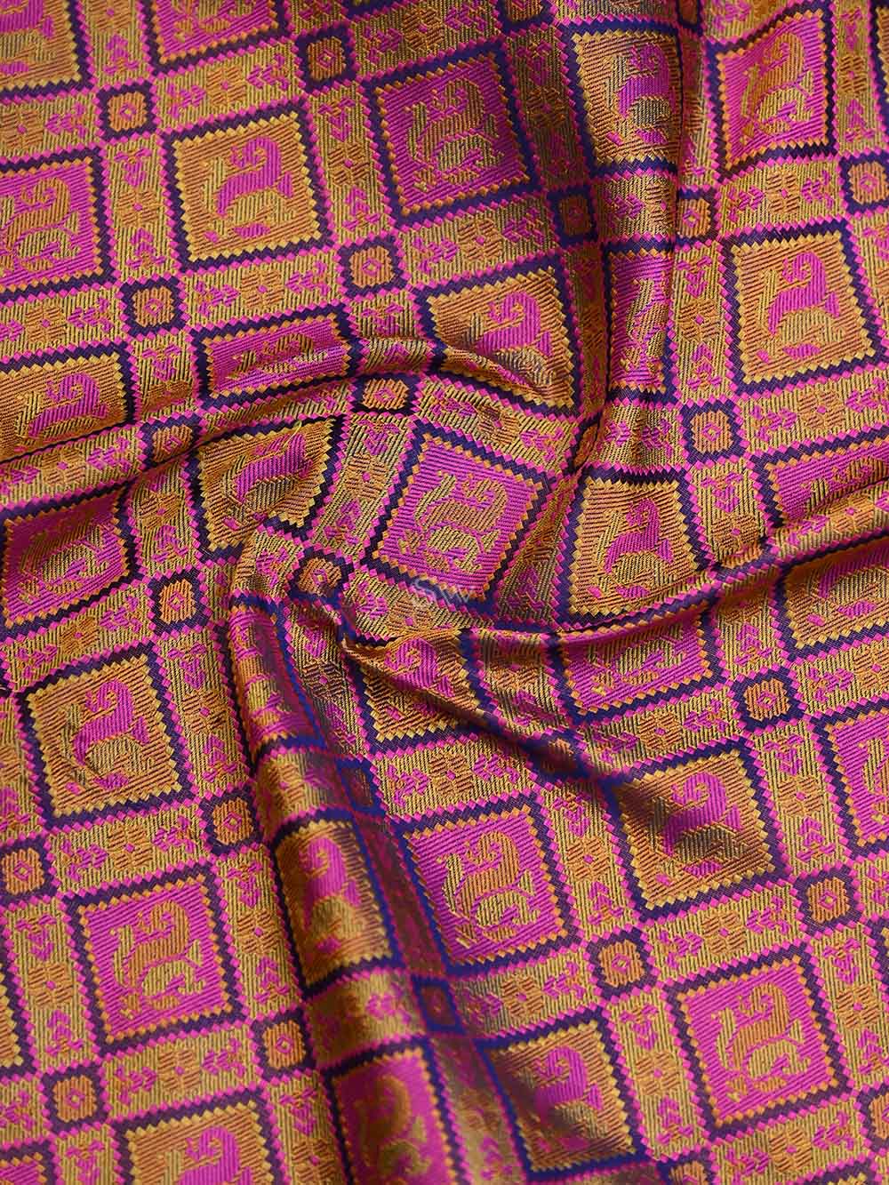 Mustard Magenta Tanchoi Silk Handloom Banarasi Saree - Sacred Weaves
