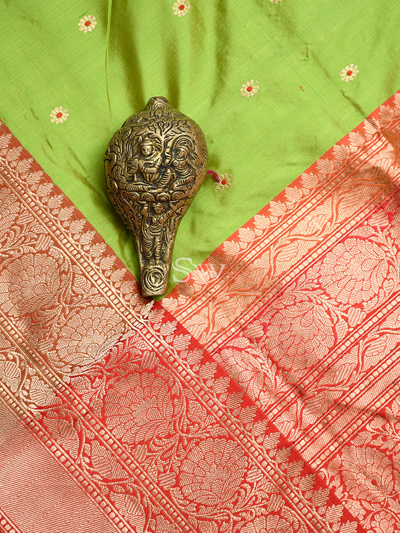 Parrot Green Katan Silk Handloom Banarasi Saree - Sacred Weaves