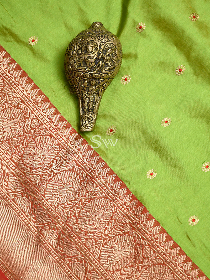 Parrot Green Katan Silk Handloom Banarasi Saree - Sacred Weaves