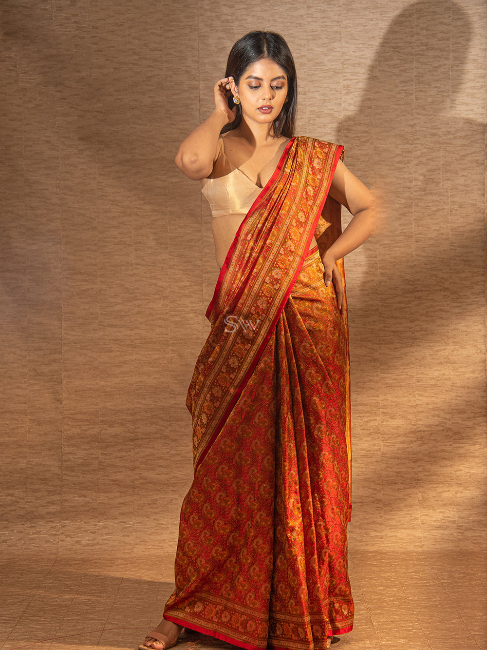 Red Orange Tanchoi Silk Handloom Banarasi Saree -Sacred Weaves