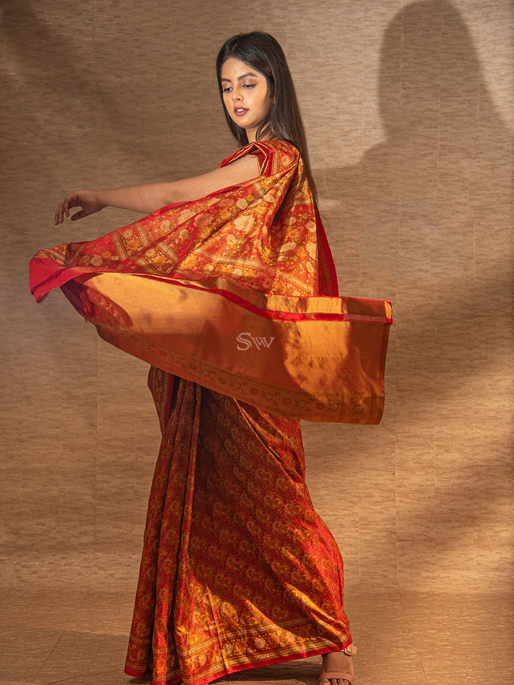 Red Orange Tanchoi Silk Handloom Banarasi Saree -Sacred Weaves