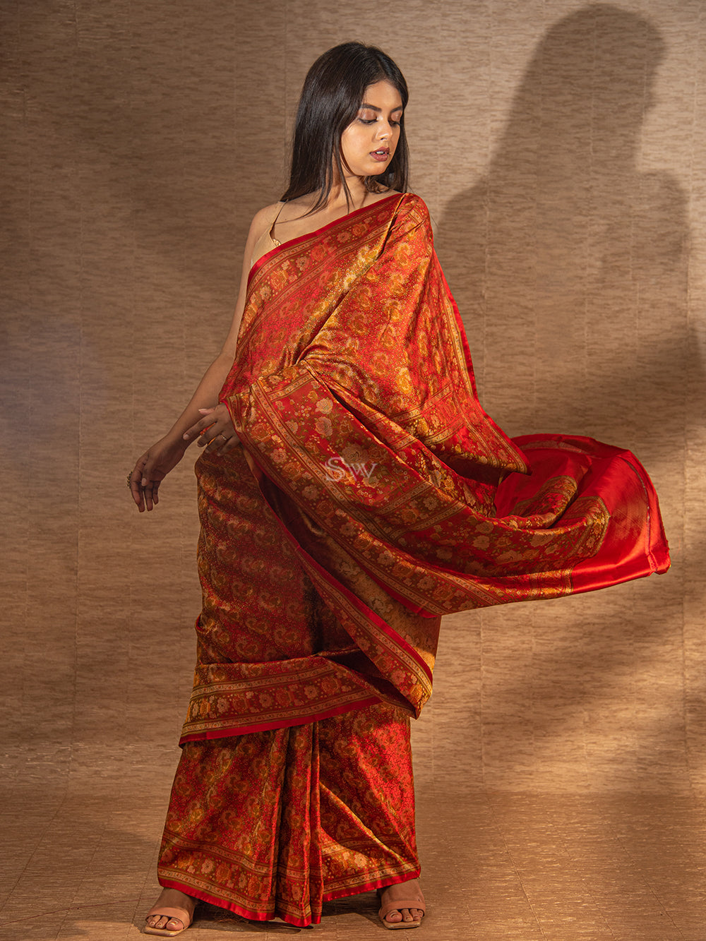 Red Orange Tanchoi Silk Handloom Banarasi Saree -Sacred Weaves