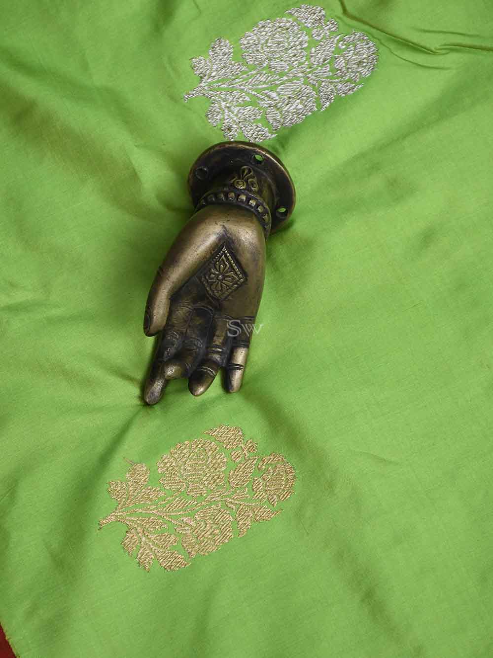 Parrot Green Boota Katan Silk Handloom Banarasi Saree - Sacred Weaves
