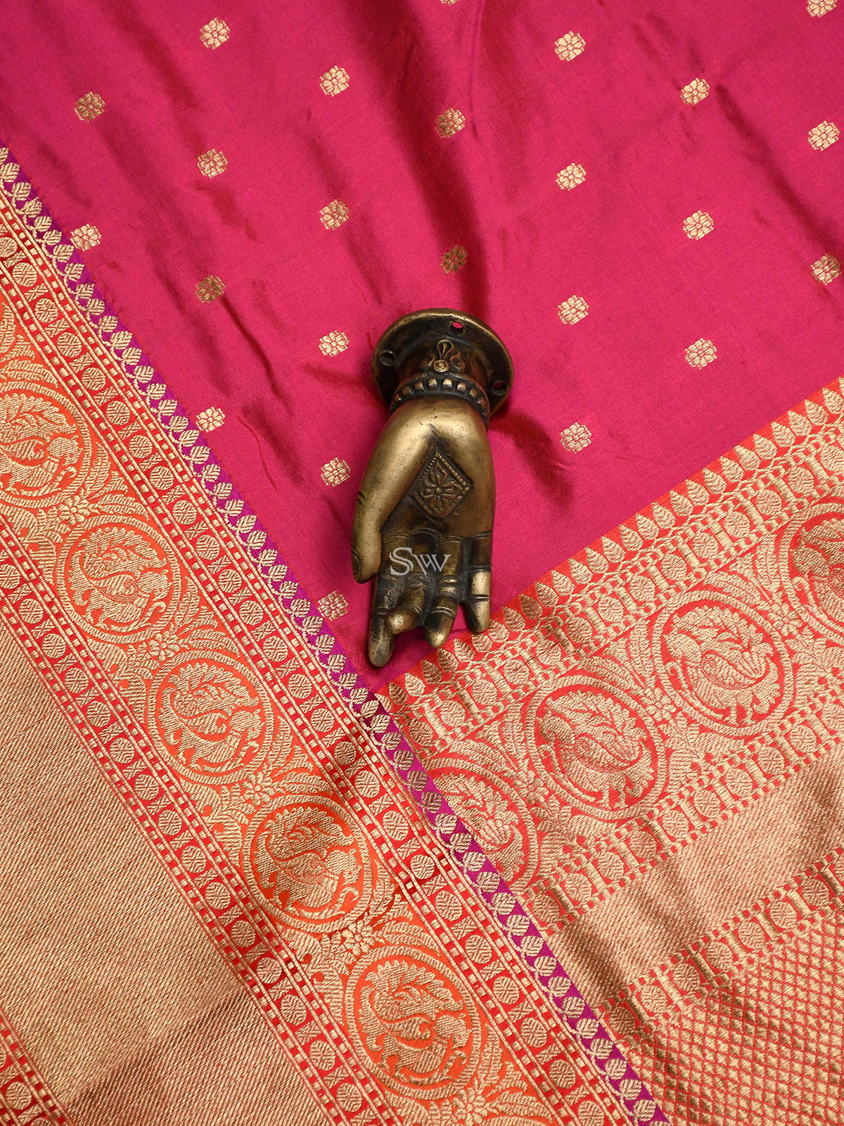 Pink-Red Booti Katan Silk Handloom Banarasi Saree - Sacred Weaves