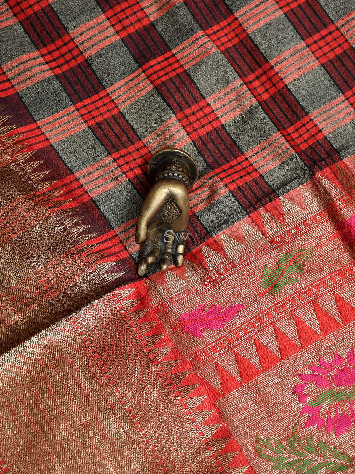 Maroon-Grey Check Dupion Silk Handloom Banarasi Saree - Sacred Weaves