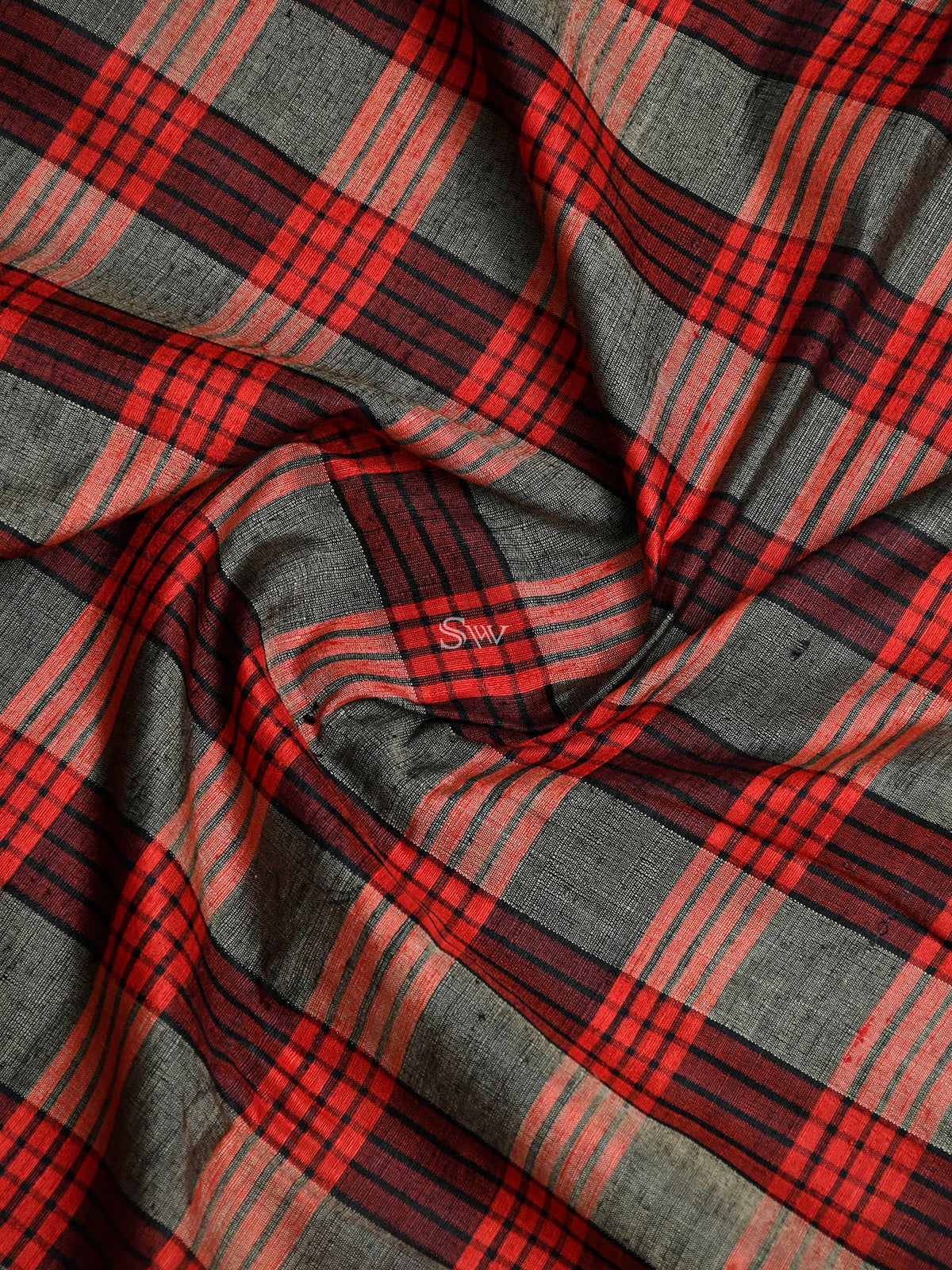 Maroon-Grey Check Dupion Silk Handloom Banarasi Saree - Sacred Weaves