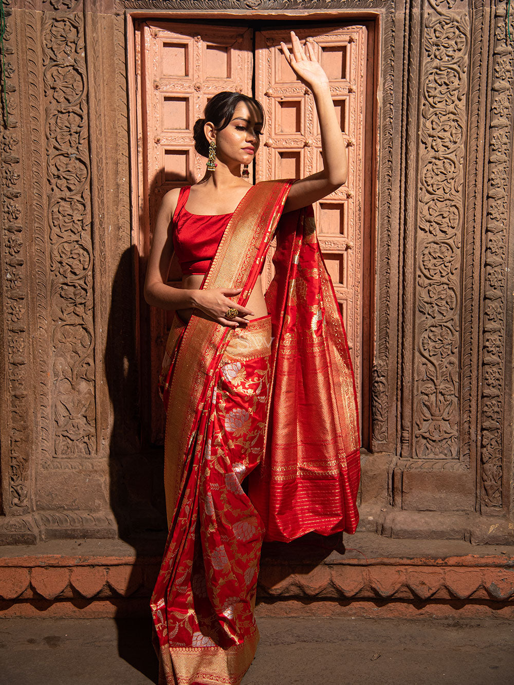 Red Jaal Katan Silk Handloom Banarasi Saree - Sacred Weaves