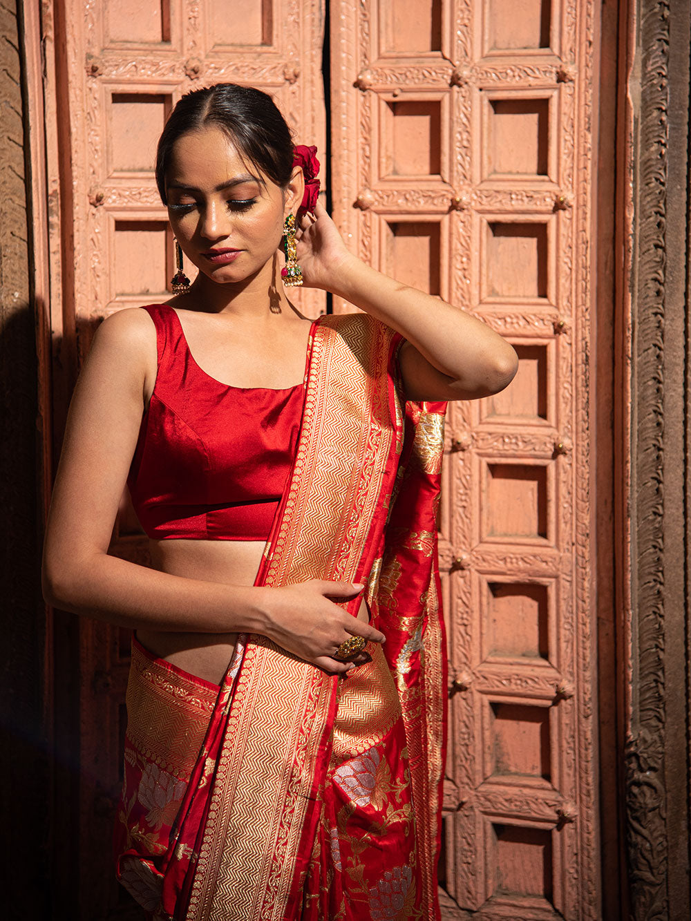 Red Jaal Katan Silk Handloom Banarasi Saree - Sacred Weaves