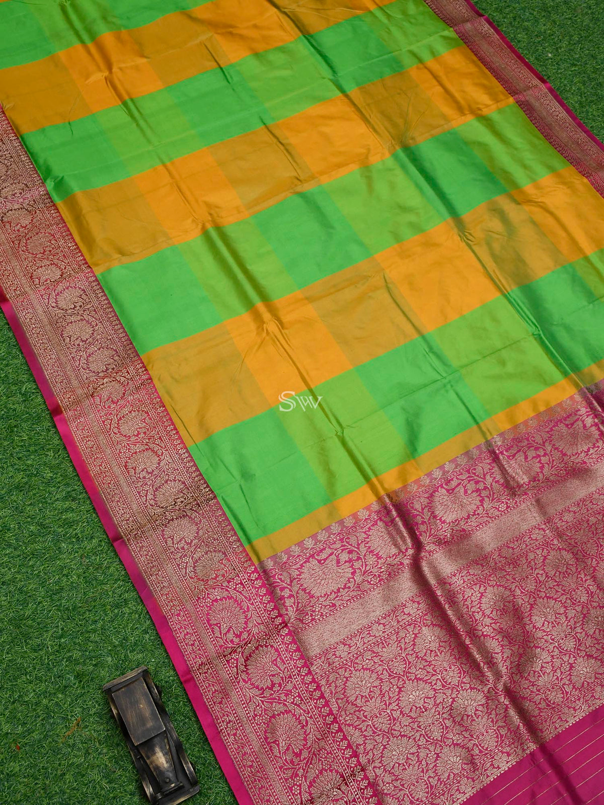 Yellow Green Katan Silk Handloom Banarasi Saree - Sacred Weaves