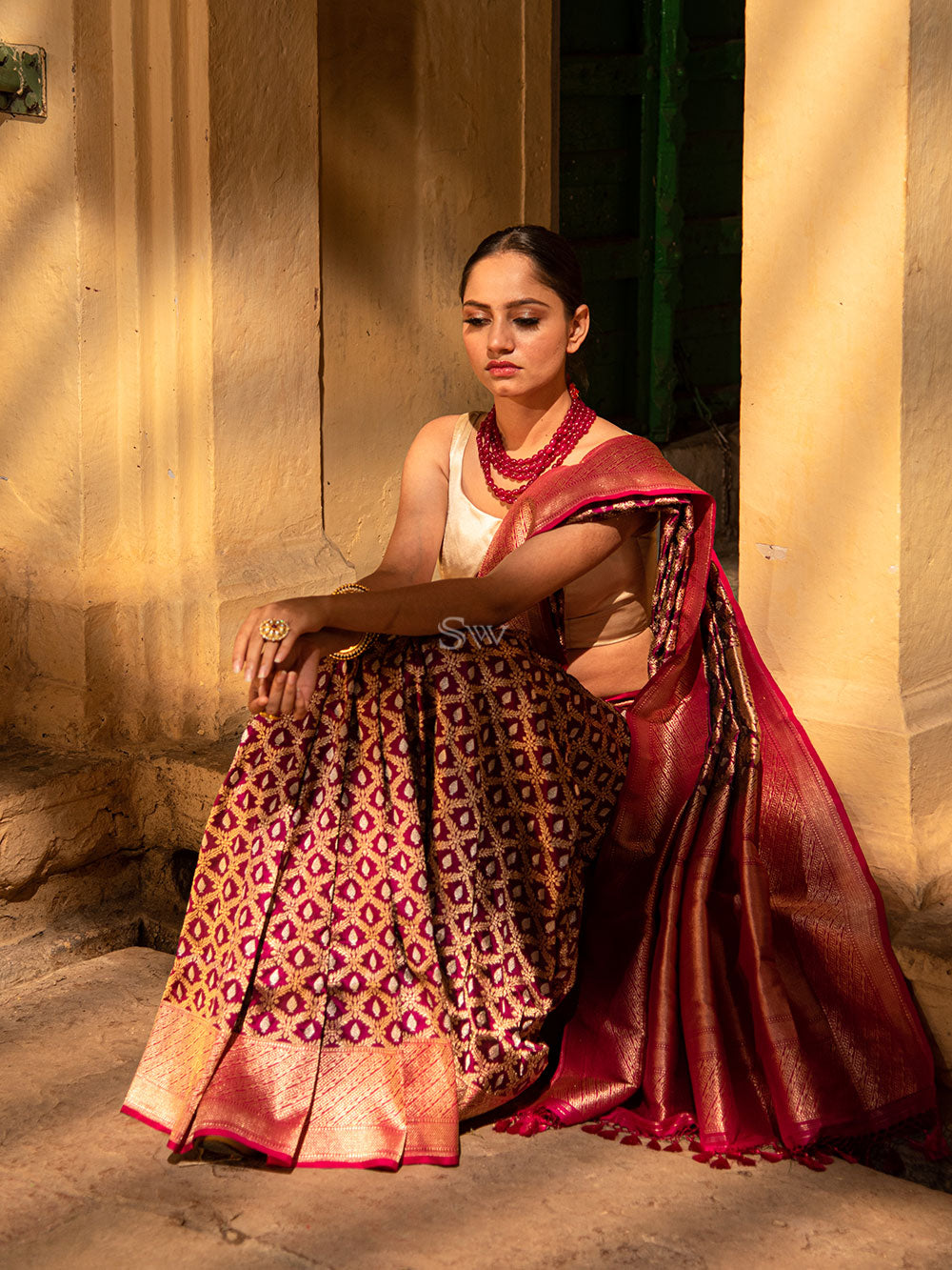 Wine Jaal Katan Silk Handloom Banarasi Saree - Sacred Weaves
