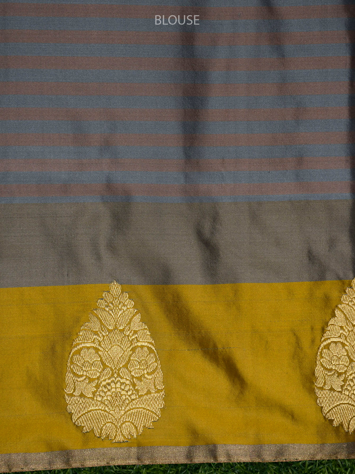 Grey Dusty Pink Stripe Satin Silk Handloom Banarasi Saree - Sacred Weaves