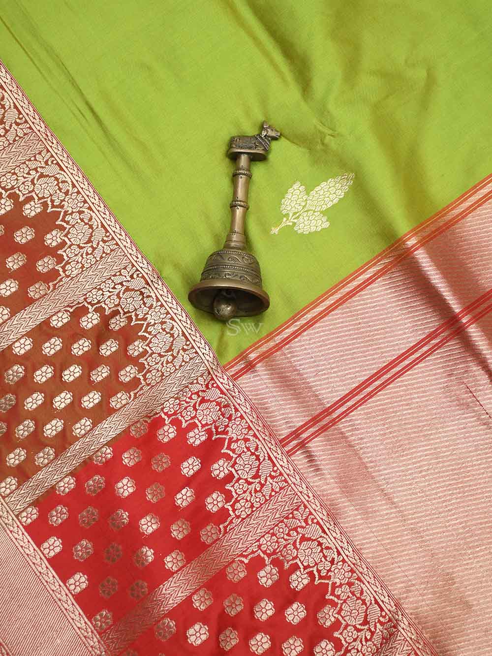 Parrot Green Boota Katan Silk Handloom Banarasi Saree - Sacred Weaves