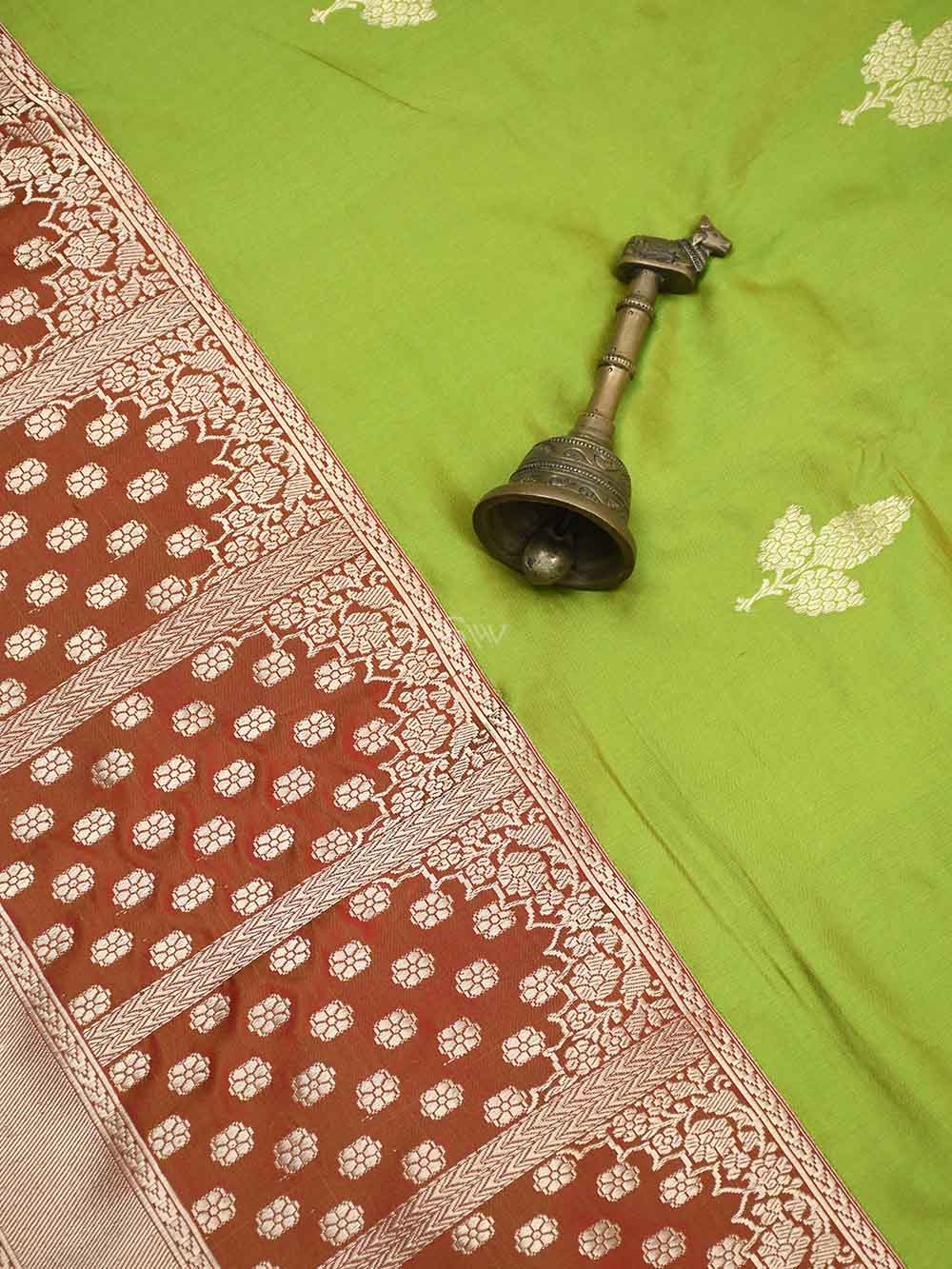 Parrot Green Boota Katan Silk Handloom Banarasi Saree - Sacred Weaves