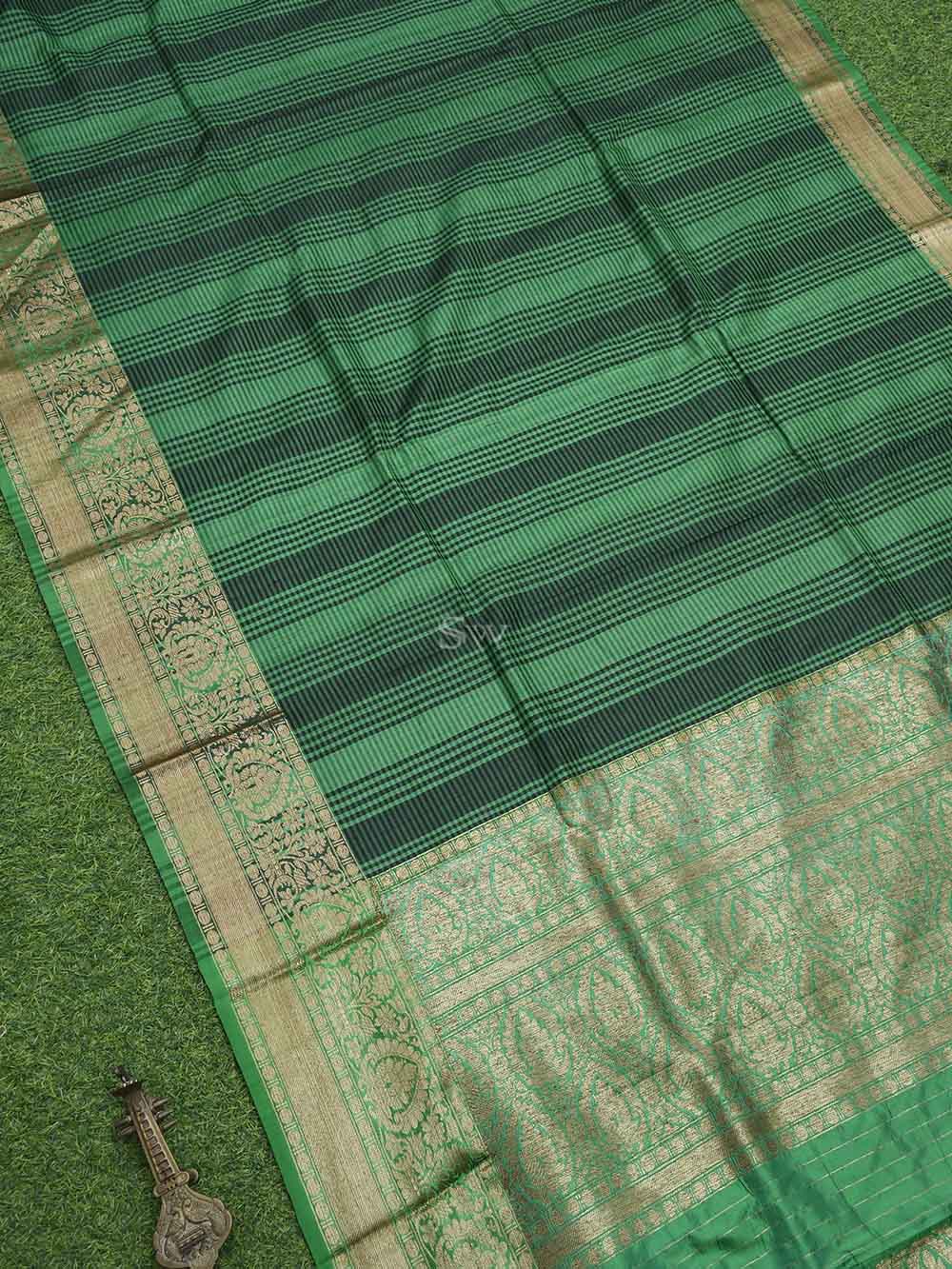 Green checks Tussar Silk Handloom Banarasi Saree - Sacred Weaves