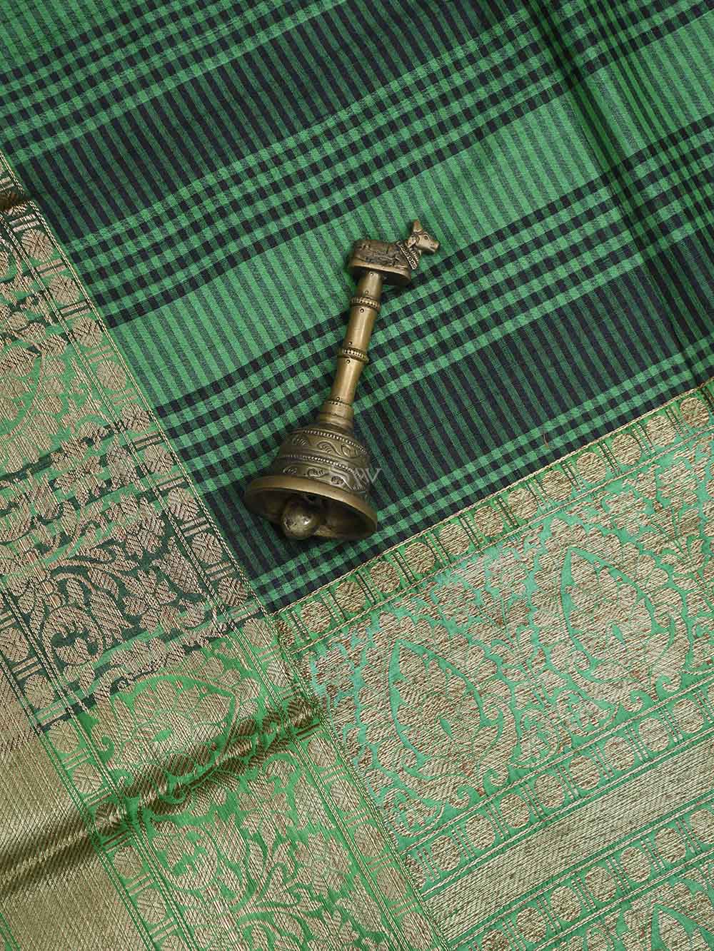 Green checks Tussar Silk Handloom Banarasi Saree - Sacred Weaves