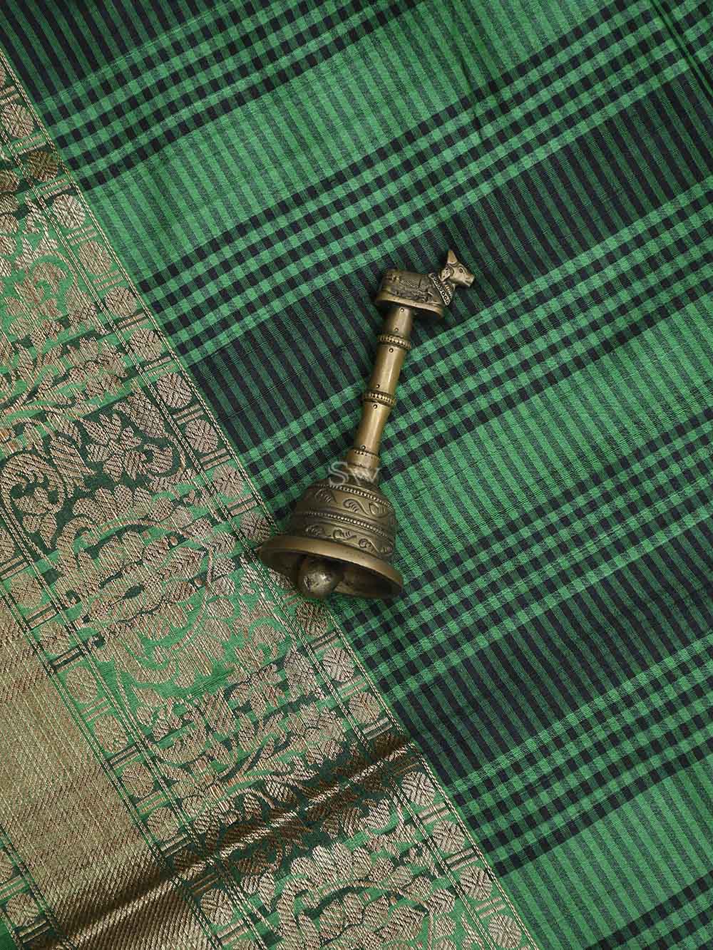 Green checks Tussar Silk Handloom Banarasi Saree - Sacred Weaves