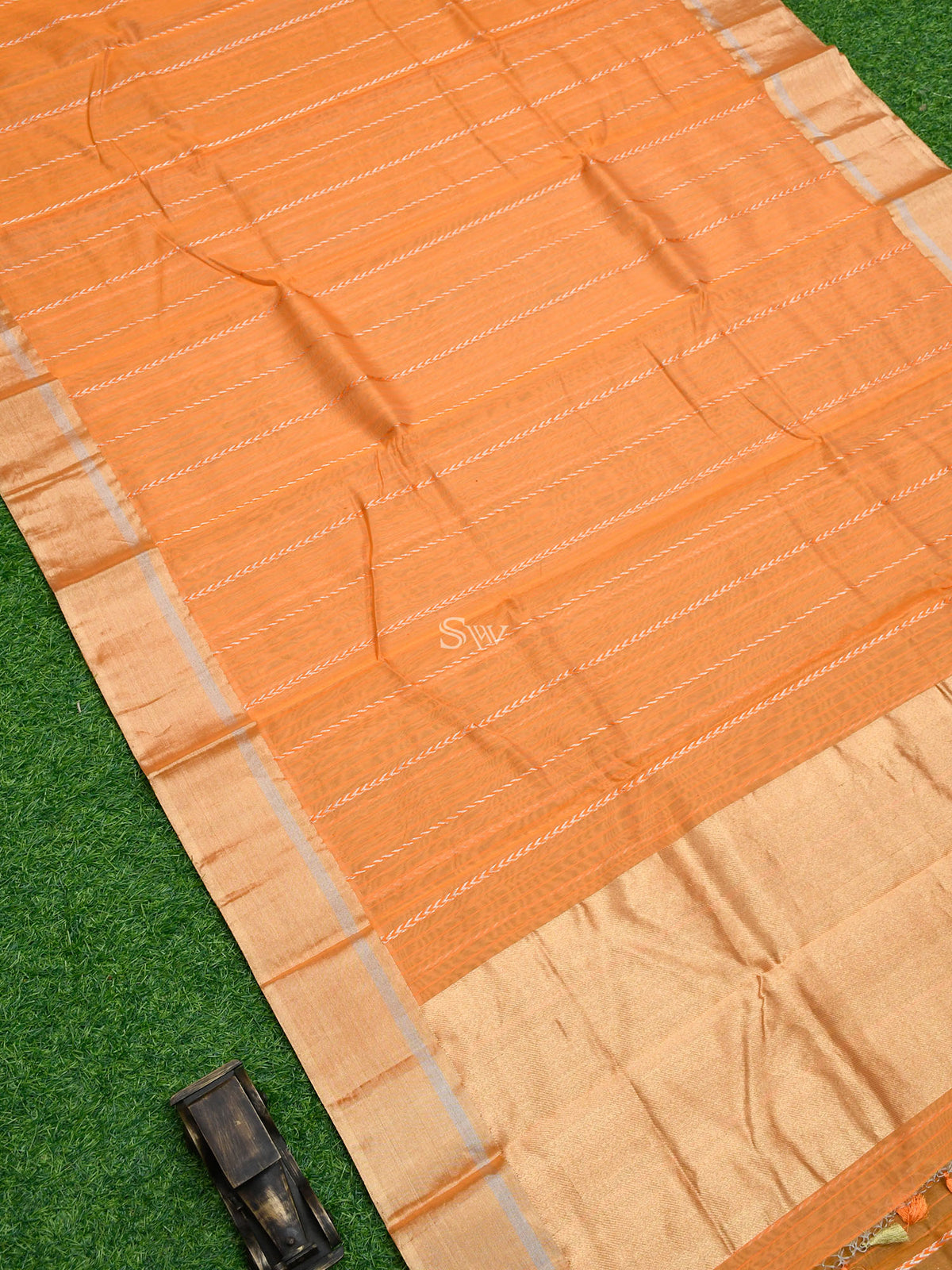 Dark Orange Stripe Chanderi Silk Handloom Banarasi Saree - Sacred Weaves