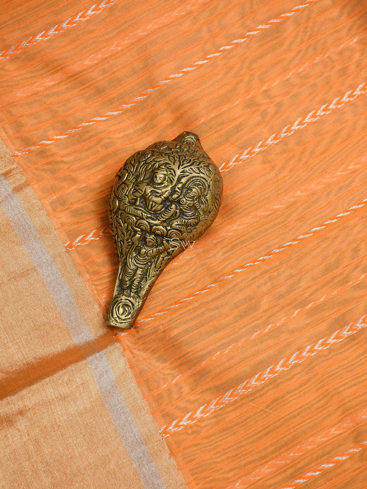 Dark Orange Stripe Chanderi Silk Handloom Banarasi Saree - Sacred Weaves