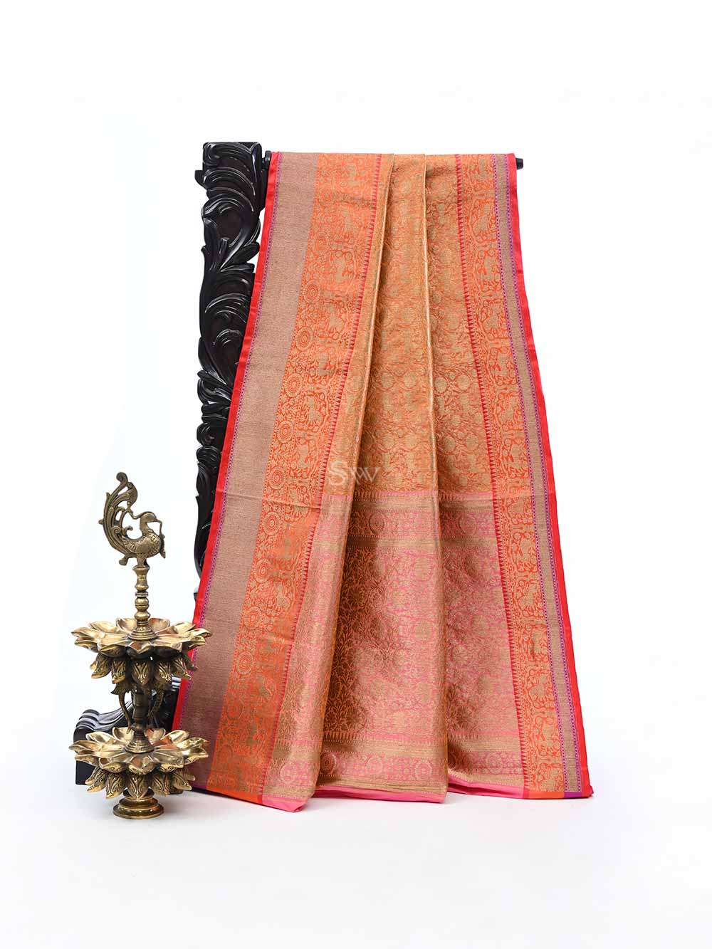 Orange Katan Silk Shikargah Handloom Banarasi Saree - Sacred Weaves
