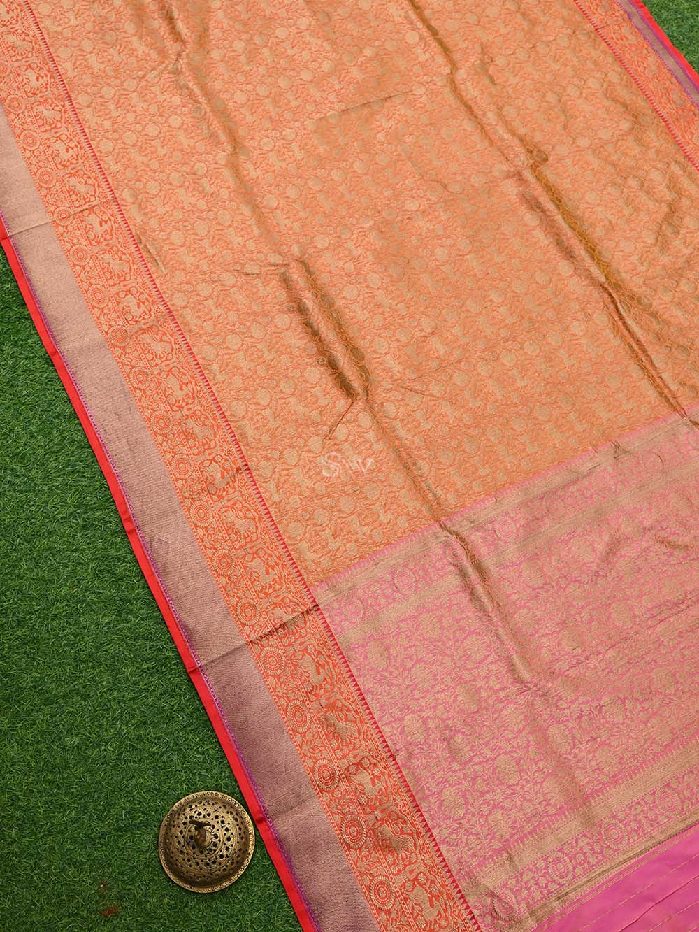 Orange Katan Silk Shikargah Handloom Banarasi Saree - Sacred Weaves