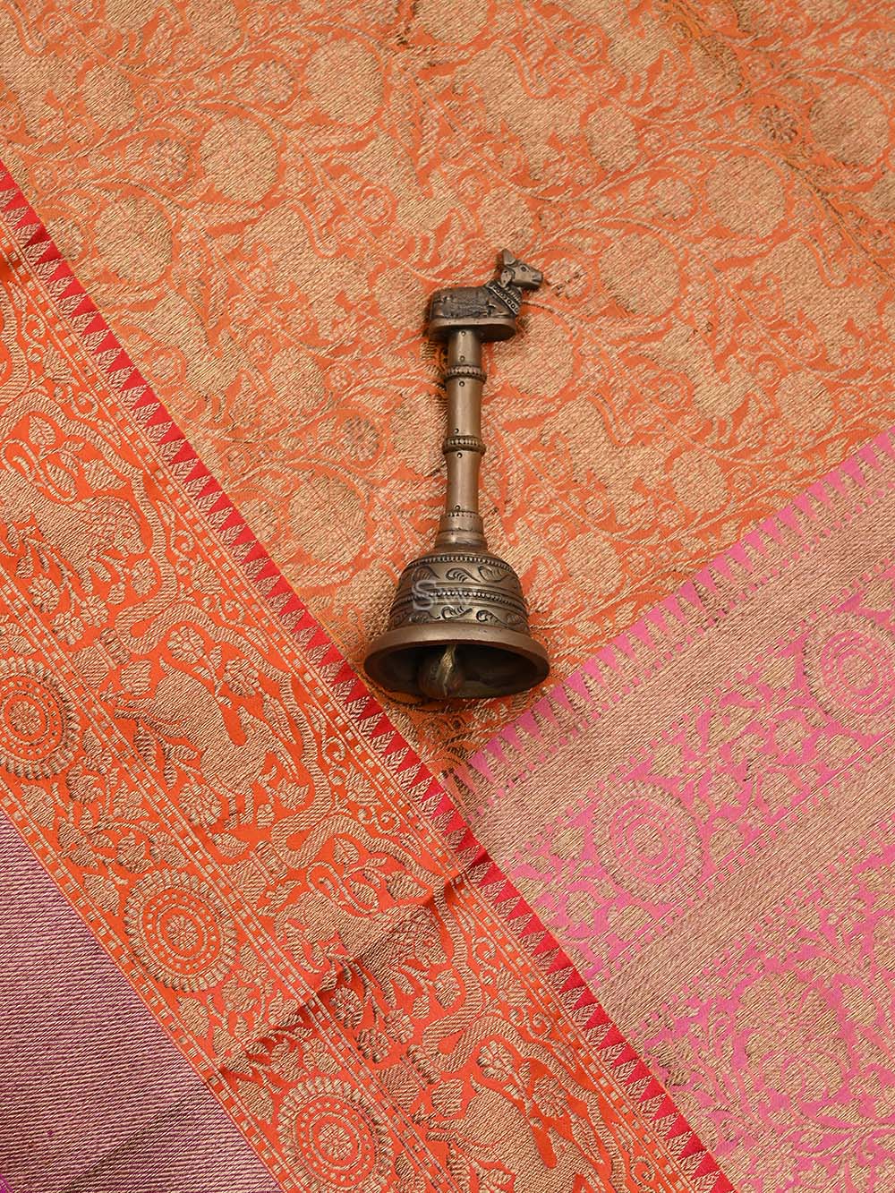 Orange Katan Silk Shikargah Handloom Banarasi Saree - Sacred Weaves