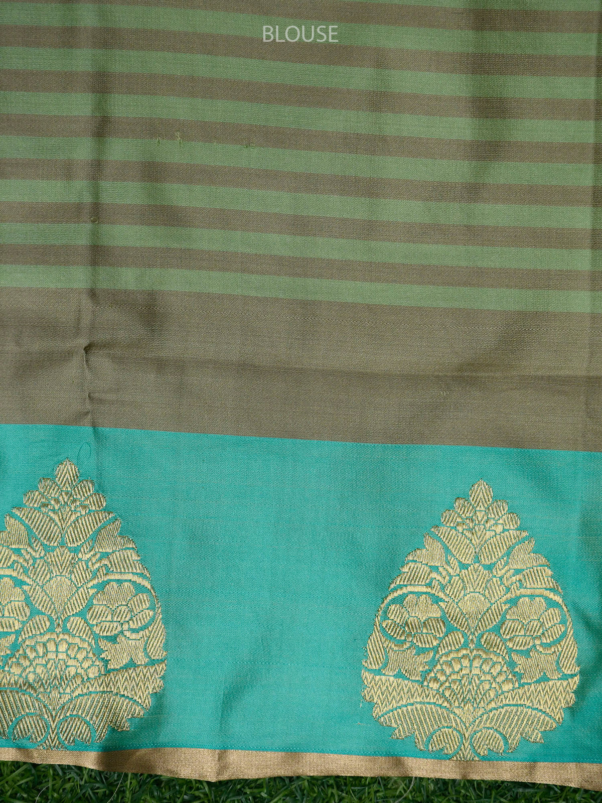 Grey Green Stripe Satin Silk Handloom Banarasi Saree - Sacred Weaves
