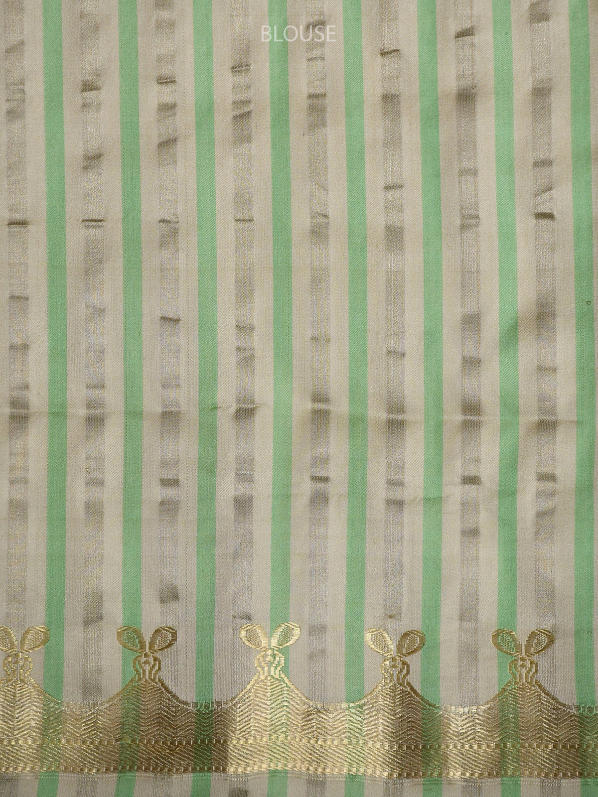 Beige Green Stripe Satin Silk Handloom Banarasi Saree - Sacred Weaves