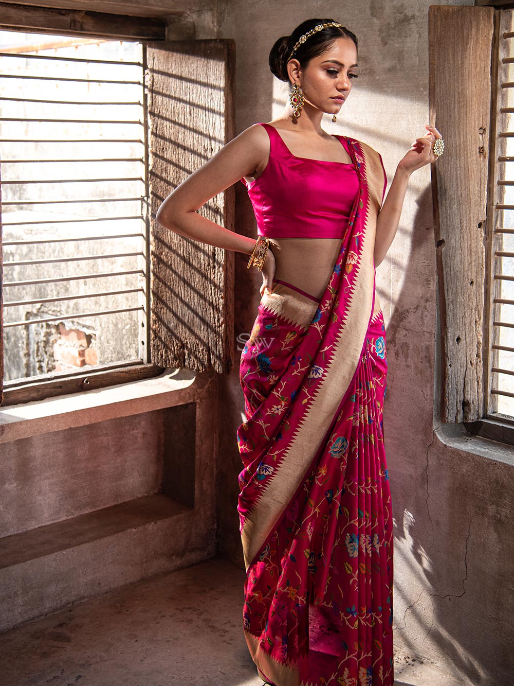 Pink Red Meenakari Katan Silk Handloom Banarasi Saree - Sacred Weaves